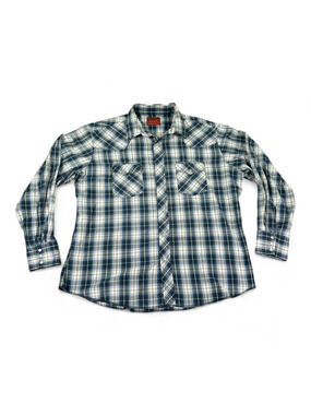 Vintage Rustler Western Shirt Adult EXTRA LARGE Green Blue Plaid Cowboy 90s